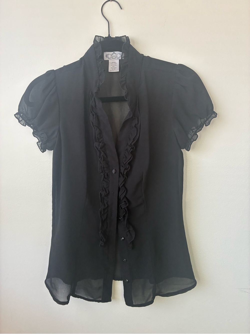 Trixxi Black Sheer Ruffle-Front Puff Sleeve Blouse